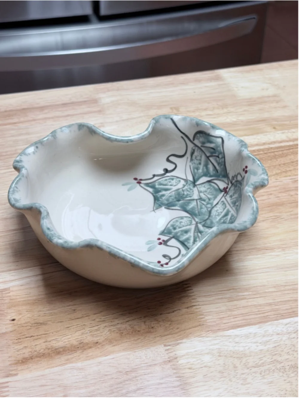 Vintage Ellis Pottery Holly Plate Texas Handmade Stoneware Hand-Painted Pottery